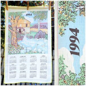 VTG 1994 Calendar Towel River Watermill w/ Ducks & Trees Crochet Edge Birthday